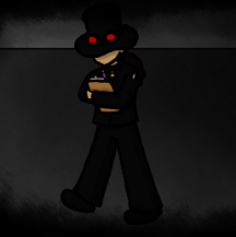 Digital art of AJ walking while writing on a beige clipboard with a silver clip. She's a human with light brown skin and dark brown hair in a bushy ponytail. She's wearing all black, including a top hat and straitjacket-style top. Around the base of the top hat are black goggles with red lenses.