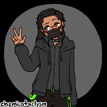 Picrew digital art of Albert glancing to the side while making a peace sign with one hand. He's a human with light brown skin, dark hazel eyes, and long dark brown hair in dreadlocks. He's wearing a black face mask, a dark gray hoodie, a dark gray button-up shirt, a silver-spiked black collar, and baggy black pants with vibrant green accents.