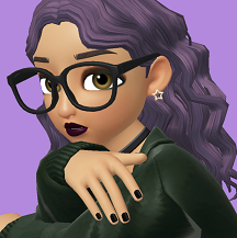 A Zepeto digital image of Andie resting her chin on one wrist. She's a human with light brown skin, dark hazel eyes, and long dusty-lavender hair in loose curls. She's wearing a black jacket, large black glasses, silver star earrings, a thin black choker necklace, black lipstick, and black nailpolish.