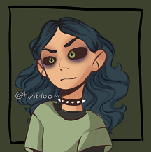 Picrew by Hunbloom of Argot smirking. He's a humanoid synthboy with dark green hair in long curls, light brown skin, and green eyes with black sclera and black plus-shaped pupils. He's wearing a black silver-spiked collar and a green T-shirt layered over a black long-sleeved shirt.