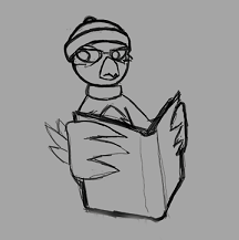 Sketch of Aristomedes skeptically glancing up from reading a book almost as large as he is. He's a bird with glasses, a scarf, and a beanie hat.