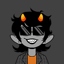 Gray Alien Maker Picrew of Auggie grinning. She's a troll with gray skin, shaggy shoulder-length black hair, black lips, and pointy teeth. She has small orange and yellow horns, black rectangular shades, and pointed ears. She's wearing an orange shirt under a dark gray flannel shirt.