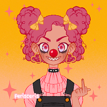 Perisceris Picrew of Bellamie giving a middle finger gesture with a grin. She's a humanoid undead clown with short curly hair colored pink, runny black mascara, and a red clown nose. She has light brown skin and pink eyes. She's wearing a silver-spiked black collar, a pink 1800s-style shirt, black overalls, and yellow bows in her hair.