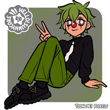 Toon Me Picrew of Booboo sitting with their knees drawn up and making a peace sign gesture with a smile. They're a humanoid undead clown with short green hair, black lines vertically across their eyes, and a red clown nose. They have light brown skin and hazel eyes. They're wearing a black button-up shirt, a white tie, green jeans, and black sneakers.