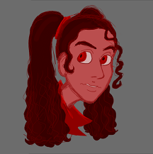 Digital sketch of Cherry Opal grinning. She's a humanoid shapeshifter with monochromatic red coloring and long dark hair in two curly pigtails. She's wearing a red jacket with the collar popped up, and has a curly lock of hair dangling near her face.
