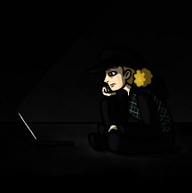 Digital art of CJ sitting in a dark area lit by the screen of a laptop. She's a human with pale skin, orange eyes, and blonde curly hair in two short pigtails. She's wearing a black cap black pants, black boots, and a black long-sleeved button-up shirt under a black vest with thin perpendicular green and blue lines.