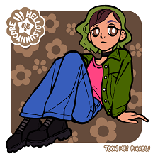 Toon Me Picrew of Darcy sitting with her knees drawn up and looking impassive. She's a humanoid with short curly hair colored green with dark brown roots. She has light brown skin and hazel eyes. She's wearing a black collar necklace, a pink shirt, blue jeans, black boots, and a green jacket.