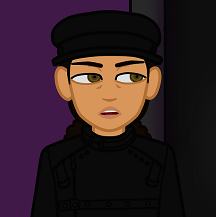 Digital art of Deidal glancing to the side with a displeased look. She's a human with light brown skin, dark brown hair in a long bushy ponytail, and dark hazel eyes. She's wearing a black cap and a black long-sleeved mock-neck top with several black grommets and clips.