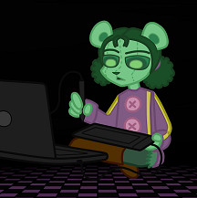 Digital art of Deyva sitting cross-legged at a black laptop, hovering in the air above a purple and black tiled floor. She's a green teddybear with large Powerpuff-Girl-style eyes and short dark green curly pigtails, drawing on a digital art tablet. She's wearing brown boots, dark green leggings, and a purple coat with yellow accents and large pink buttons.