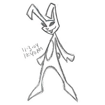 Pencil sketch of DJ. He's a stylized rabbit with pointy buckteeth and dark eyes.