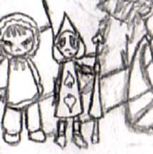 Pencil sketch of Dyad standing next to Iso. He's a stylized Two of Spades card guard.