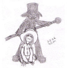 Pencil sketch of Equalizer looming behind Deidal, who's on her knees looking distraught with blank white eyes. Equalizer is a shadow silhouette wearing a top hat and holding a walking stick with a sphere at the top.