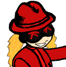 Digital sketch of Evie grinning. She's a synthetic humanoid with pale skin and golden blonde hair in two long curly pigtails. She's wearing a black cowl, a red mock-neck top, a red coat, a red trilby, and black goggles depicting pixellated eyes and eyebrows in red.