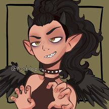 Picrew digital art of Ferrous grinning and making a playful clawing gesture with both hands. She's a humanoid shapeshifter with pointy teeth, small black horns, light brown skin, dark hazel eyes, pointy ears, small black feathery wings, and long black hair in a curly mohawk with shaved sides. She's wearing a black sleeveless top and a black collar with silver spikes.