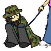 Digitally-colored sketch of Fetch looking off to the side while chewing on her metal dog tags. She's a human with light brown skin, dark hazel eyes, and long bushy dark brown hair in a ponytail. She's wearing dark gray pants, black shoes, a camouflage hat with a floppy brim, and a camouflague coat styled like a shawl. She's also wearing a dark blue leash held by Flora.