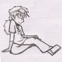 Pencil sketch of Fifteen sitting and glowering downward. She's a human with long bushy hair in a ponytail and goggles on her forehead. She's wearing fingerless gloves made of socks, boots, pants, a T-shirt, and a jinglebell necklace.