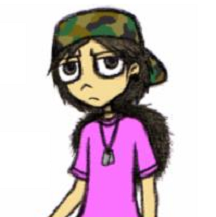 Digitally-colored sketch of Flora looking wary. She's a human with light brown skin, dark gray eyes, and long bushy dark brown hair in a ponytail. She's wearing a pink shirt and a backwards camouflage hat, with a thin plastic choker and silver dog tags on a necklace.