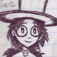 Pen sketch of Galilea smiling. She's a human with long bushy hair in a ponytail. She's wearing a top hat and a straitjacket-style top.