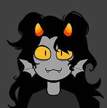 Gray Alien Maker Picrew of Hazel smiling. She's a mutant troll shark with gray skin, long curly black hair, yellow sclera, and black irises. She has small orange and yellow horns, and fin-shaped ears. She's wearing a dark gray shirt.