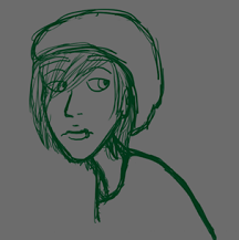 Digital sketch of Jo glancing to the side. They're a human with chin-length hair partially covering their face. They're wearing a baggy T-shirt and a beanie.
