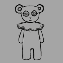 Sketch of Lacuna looking wearily impassive. She's a possessed Beanie Baby bear with a circular ruff-esque fabric collar.