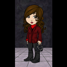 Subeta digital art of Lana standing with a black and silver purse in one hand. She's a human with light brown skin, long dark brown curly hair, dark hazel eyes, and red lipstick. She's wearing a red mock-neck top, a dark red jacket, black pants, and black shoes.