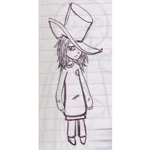 Pen sketch on lined paper of Lavender looking distressed. She's a human with and untamed semi-long hair wearing a top hat and sweater that are too big for her.
