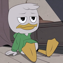 Screenshot of Leeroy sitting and looking unimpressed. He's an anthropomorphic duck with off-white feathers, yellow webbed feet, a yellow beak, and black irises. He's wearing a green hoodie with a pocket in front.