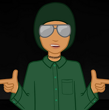 Digital art of Leona looking toward the camera, making finger-guns with a playful grin. She's a human with light brown skin, wearing silver mirrored aviator shades, a green long-sleeved button-up shirt, a dark green beanie, and a thin black choker necklace.