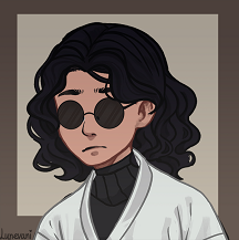 Picrew digital art of Locke. They're a synth-enhanced human with light brown skin and chin-length curly black hair. They're wearing a black mock-neck top, round black reflective glasses, and a white lab coat.