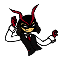 Digital sketch of Lullaby grinning and gesturing with both arms. She's a synthetic humanoid with light brown skin and short dark brown hair in a curly bob. She's wearing a black domino mask, a black vest with red accents, a red ribbon and jewel in place of a tie, a white long-sleeved button-up shirt, and a black cap with two red ribbons levitating away from the front of it in a way that looks like horns.