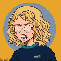Picrew by Lunevani of Maisie shouting angrily. She's a human with blonde hair in a short curly bob, pale skin, and round glasses that are frosted over. She's wearing a dark blue sweater.