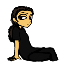 Digital sketch of Mask sitting and looking a bit skeptical. She's a human with light brown skin, dark hazel eyes, and dark brown hair in a bushy ponytail. She's wearing a black T-shirt and black pants.