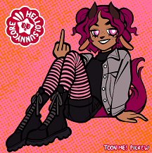 Picrew digital art of Maud sitting and holding up her middle finger with a grin. She's a shapeshifter with light brown fur, dark pink eyes, two small curved dark brown horns, short curly mauve hair with two small pigtails on top, and a long fluffy mauve tail. She's wearing black boots, pink and black striped leggings, black denim shorts, a black mock-neck top, and a gray denim jacket.