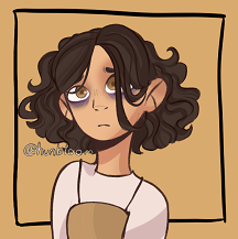Picrew by Hunbloom of Melita looking tired and uneasy. She's a human with dark brown hair in a short curly bob, light brown skin, and hazel eyes with dark circles under them. She's wearing a light brown dress over a white long-sleeved shirt.