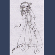 Pencil sketch of Mousie looking fearful with one hand to her upper chest. She's a humanoid rat-person with dark stringy hair and white eyes. She has rat ears and rat-like hands and feet, along with the tail of a rat. She's wearing a plain shirt and pants under a long trenchcoat, all of which are tattered and worn-looking.