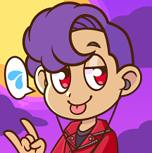 Picrew digital art of Munroe sticking his tongue out toward the camera with a smile. He appears as a human with light brown skin, red eyes, and curly purple hair buzzed around the back and sides. He's wearing a red leather jacket, black shirt, and black earbuds.