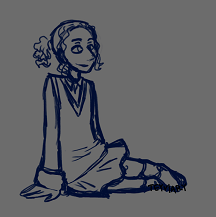 Digital art of Nadia sitting and her legs to one side, smiling. She's a translucent clear humanoid Quartz with curly hair in a short ponytail. She's wearing a sweatervest over a long-sleeved button-up shirt, with a skirt, leggings, and socks.