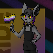 Digital art of Noa holding up a small non-binary pride flag with a smile. She's a gray furry shapeshifter with gray fur, dark purple hair in two small braids, and yellow irises on dark pink sclera. She's wearing a black tank top, a gray cap, and a silver-spiked black collar with a pixel heart charm.