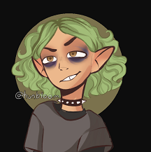 Hunbloom Picrew of Orabel grinning. She's a humanoid with light brown skin, curly chin-length green hair, hazel eyes, and a small gap between her front teeth. She has dark circles under her eyes, and pointed ears. She's wearing a silver-spiked black collar, and a dark gray T-shirt layered over a black long-sleeved shirt.