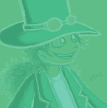 Monochromatic teal green digital art of Quackie laughing. She's a ghost with bright eyes and bushy hair in a ponytail. She's wearing a T-shirt under a long jacket, and goggles around the base of a top hat.