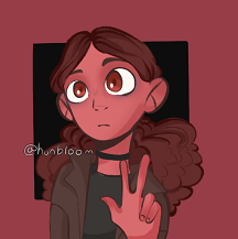 Picrew digital art of Reason making a peace sign. She's a monochromatic pinkish-red humanoid Rubellite with bushy hair in a ponytail. She's wearing a T-shirt under a long jacket, and a thin black choker necklace.
