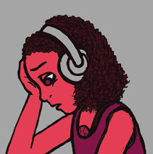 Digital art of Red looking dismayed and holding her head in one hand. She's a monochromatic pinkish-red humanoid Ruby with curly chin-length hair and a ruby visible on her upper chest. She's wearing a red tank top and gray headphones.