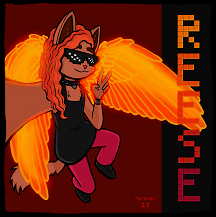 Digital art of Reese waving with a grin. He's a light brown anthro cat with long curly side-swept hair in shades of vivid pink and orange, with dark roots. He's wearing black pixel glasses, dark red jeans, black socks, and a long black tank top. He also wears black wristbands with silver pyramid studs, along with a silver-spiked black collar with a black and silver pixel heart charm in the center. He has large translucent bird wings glowing in shades of yellow and orange.
