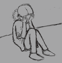 Digital sketch of Reject sitting against a curved wall and pressing her hands against her eyes. She's a human with curly hair in a ponytail. She's wearing leggings, socks, and a baggy T-shirt.