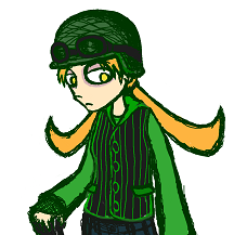 Digitally-colored sketch of Remy glancing off to the side. She's a human with pale skin, yellow eyes, and long blonde-ish pigtails that curve up at the ends. She's wearing a green World War 2-style helmet, black goggles, green fingerless fishnet gloves, a green long-sleeved shirt, and a black vest with green stripes, over dark blue jeans.