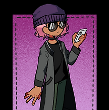 A Picrew digital image of Rexana looking at her phone. She's a human with light brown skin, short pink curly hair, a thin black choker necklace, and reflective aviator shades. She's wearing a long gray cardigan sweater, a black shirt, green pants, and a purple beanie.