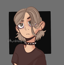 Picrew digital art of Risk looking wary. He appears as a human with light brown skin, gray eyes, and chin-length sandy brown hair. He's wearing a silver-spiked black collar and a black T-shirt.