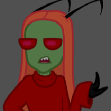 Digital art of Rosco looking unimpressed. He's an Irken with light green skin, red eyes, black antennae, and a coral wig of long straight hair. He's wearing a loose red turtleneck and black gloves.