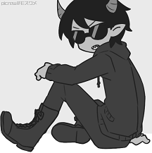 Mosuwame Picrew of Ruunix sitting and looking wary. He's a troll with light gray skin, shaggy short black hair, and two small gray horns. He's wearing shades, a hoodie, pants, and boots, all in black.